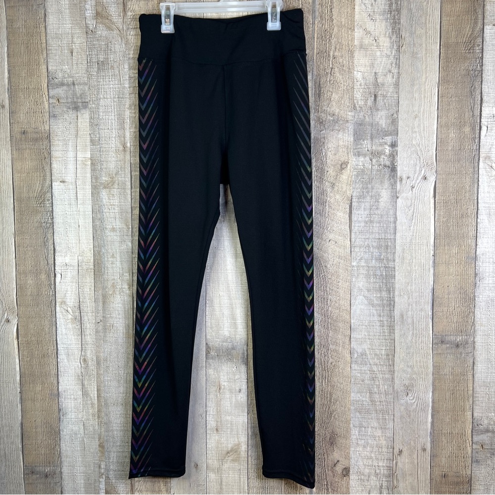 Runway Ready Active Size Large Black Leggings with a Multicolored V Desi…